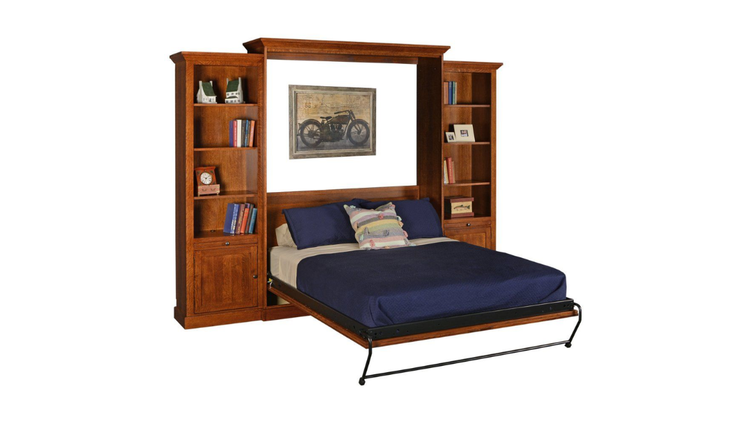 A wallbed-bookshelf option with blue bedding - Maximizing Your Space with Unique Bedroom Storage Solutions